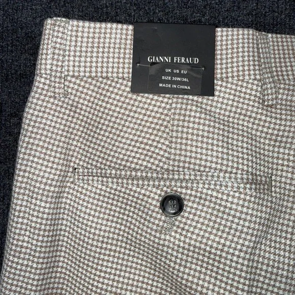 Men's Beige Checked Dress Pants - Picture 3 of 12